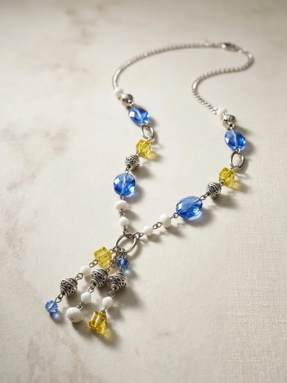 Silver-Tone Blue and Yellow Beaded Tassel Necklace Excellent Condition